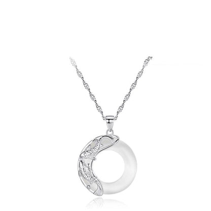 Lucky Koi Fish Jade Pendant Necklace – Pure Silver Moon Design with Cat’s Eye Stone, Gift for Her - STAR8S