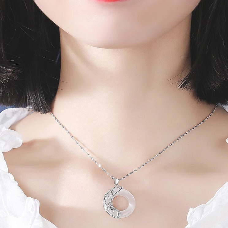 Lucky Koi Fish Jade Pendant Necklace – Pure Silver Moon Design with Cat’s Eye Stone, Gift for Her - STAR8S