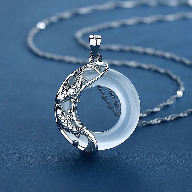 Lucky Koi Fish Jade Pendant Necklace – Pure Silver Moon Design with Cat’s Eye Stone, Gift for Her - STAR8S