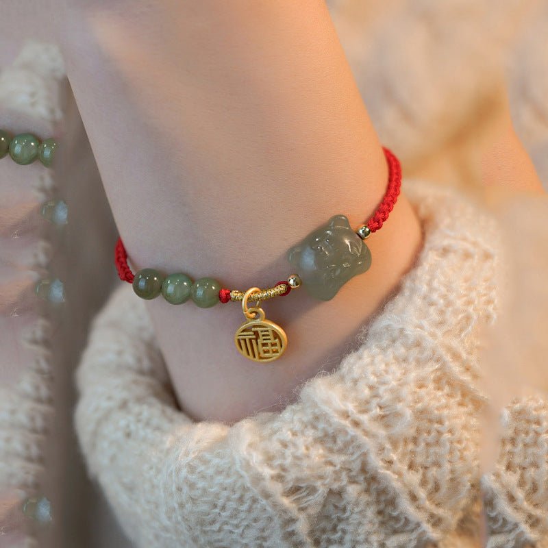 Lucky Red String Bracelet | Hetian Jade Zodiac Tiger Charm Bracelet | Couple's Year of the Tiger Gift for New Year - STAR8S