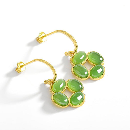 Luxurious Green Jade Earrings: Hetian Jade Spinach Green Clover 925 Silver | STAR8S