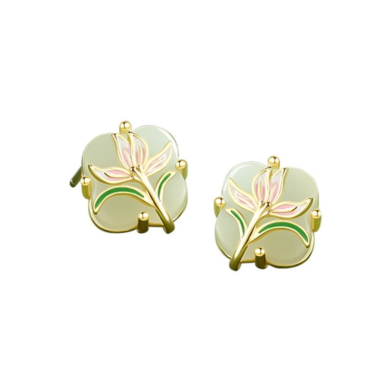 Magnolia Clover Earrings Ear Studs - 925 Silver Hetian Jade New Chinese | STAR8S