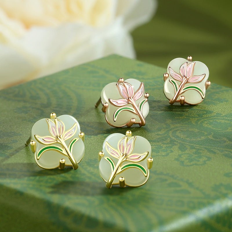 Magnolia Clover Earrings Ear Studs - 925 Silver Hetian Jade New Chinese | STAR8S