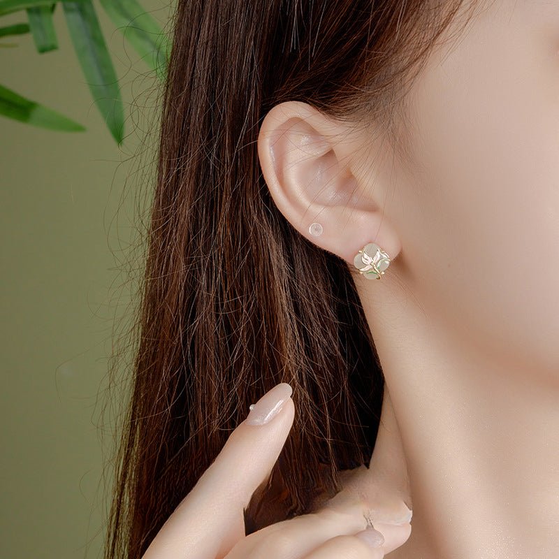 Magnolia Clover Earrings Ear Studs - 925 Silver Hetian Jade New Chinese | STAR8S