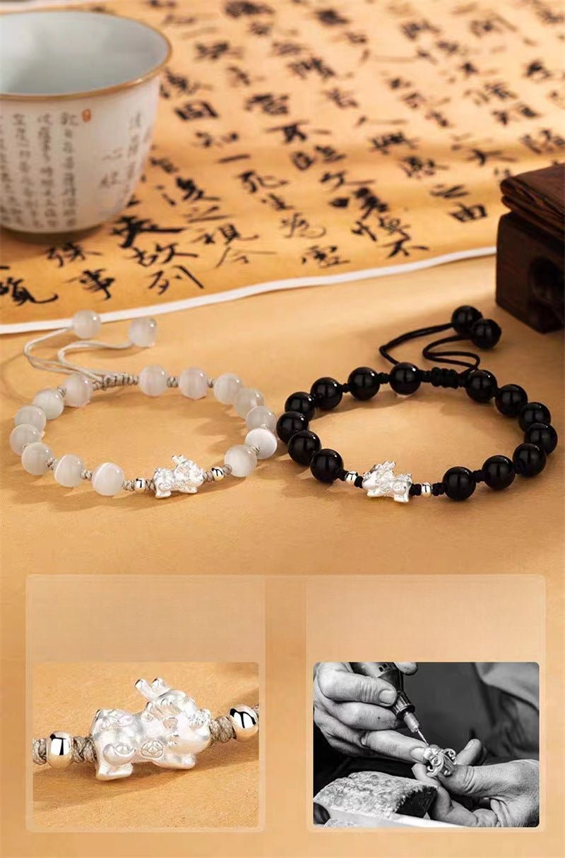 Mens Womens Bracelet: 999 Silver Black Agate Opal Couple Gift | STAR8S