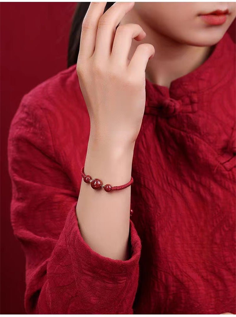 Natural Cinnabar Crystal Sand Red String Bracelet – Handwoven Adjustable Good Luck Jewelry - STAR8S