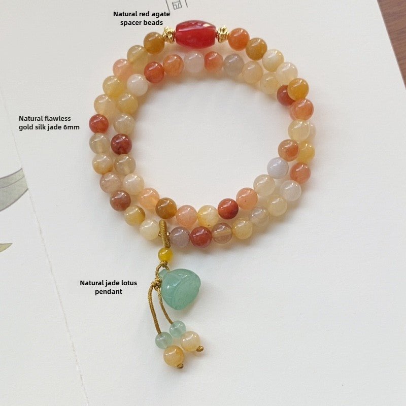 natural golden silk jade bracelet with lotus pod pendant - double circle design - star8s