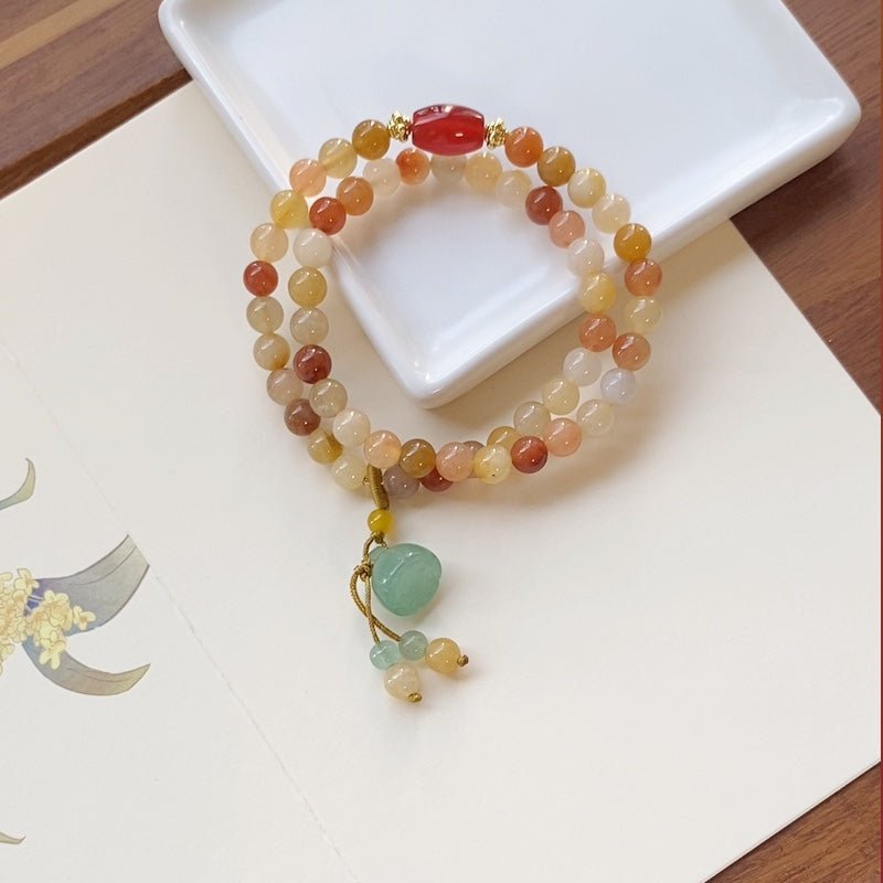 Natural Golden Silk Jade Bracelet with Lotus Pod Pendant - Double Circle Design - STAR8S