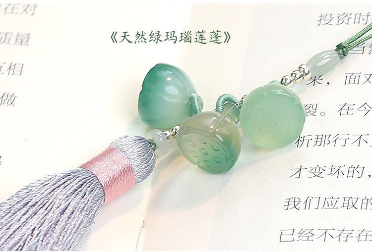 natural green agate lotus seed phone charm keychain with tassel – stylish & unique design - star8s