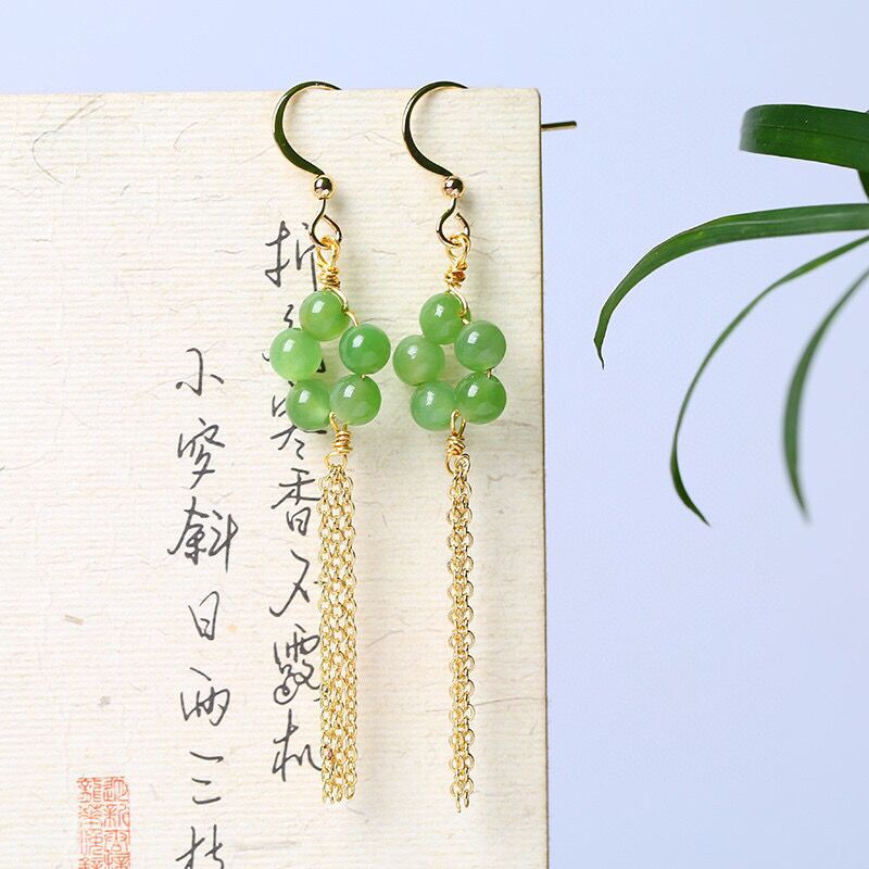 Natural Hetian Jade 5mm Round Bead Drop Earrings for Women – Simple & Elegant Gold Chain Tassel Earrings - STAR8S