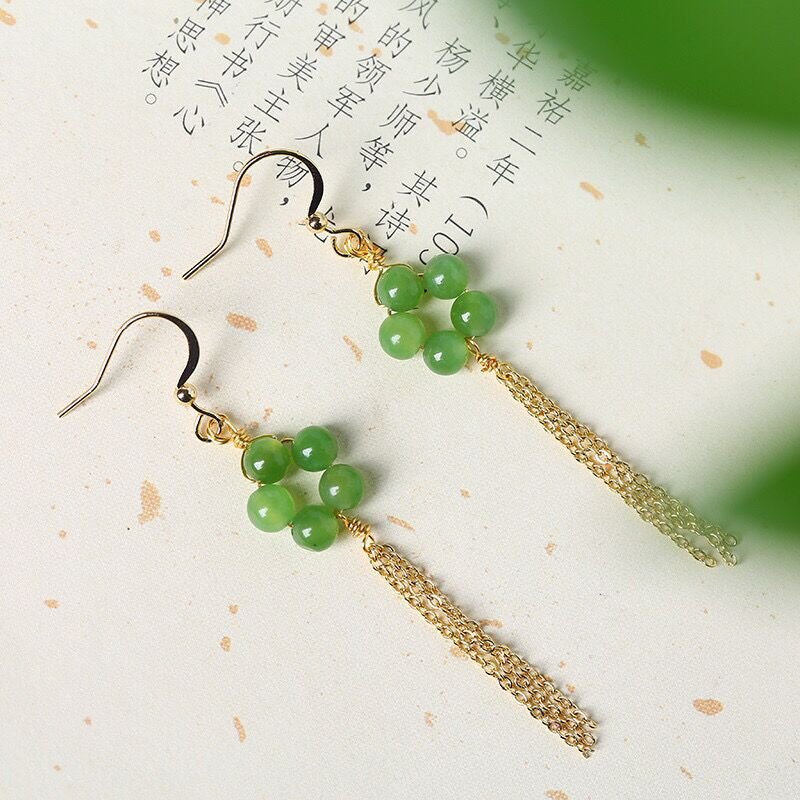 Natural Hetian Jade 5mm Round Bead Drop Earrings for Women – Simple & Elegant Gold Chain Tassel Earrings - STAR8S