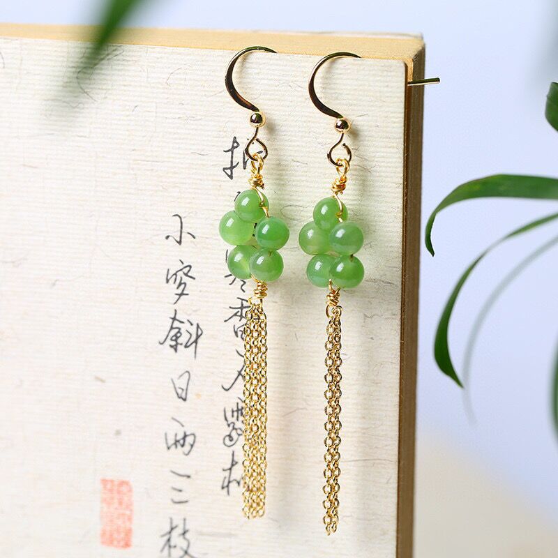 Natural Hetian Jade 5mm Round Bead Drop Earrings for Women – Simple & Elegant Gold Chain Tassel Earrings - STAR8S