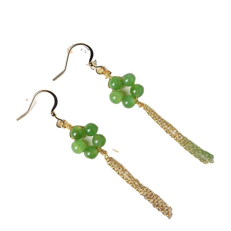 Natural Hetian Jade 5mm Round Bead Drop Earrings for Women – Simple & Elegant Gold Chain Tassel Earrings - STAR8S