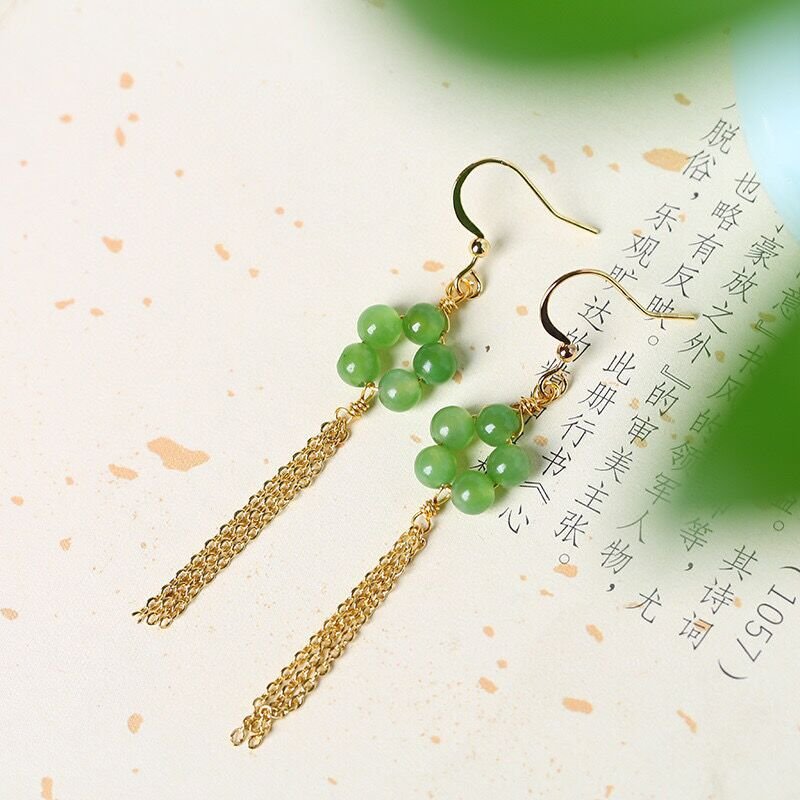 Natural Hetian Jade 5mm Round Bead Drop Earrings for Women – Simple & Elegant Gold Chain Tassel Earrings - STAR8S