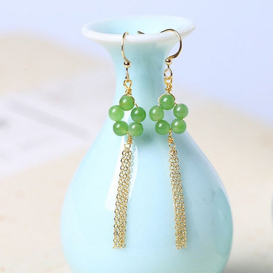 Natural Hetian Jade 5mm Round Bead Drop Earrings for Women – Simple & Elegant Gold Chain Tassel Earrings - STAR8S