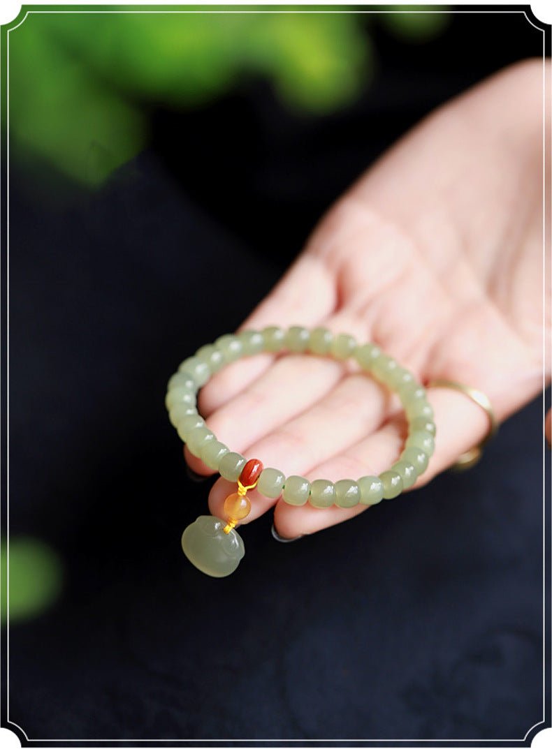 Natural Hetian Jade 6x7mm Single Strand Bracelet with Ruyi Pendant - Simple and Elegant Jewelry for Women 🌿✨ - STAR8S