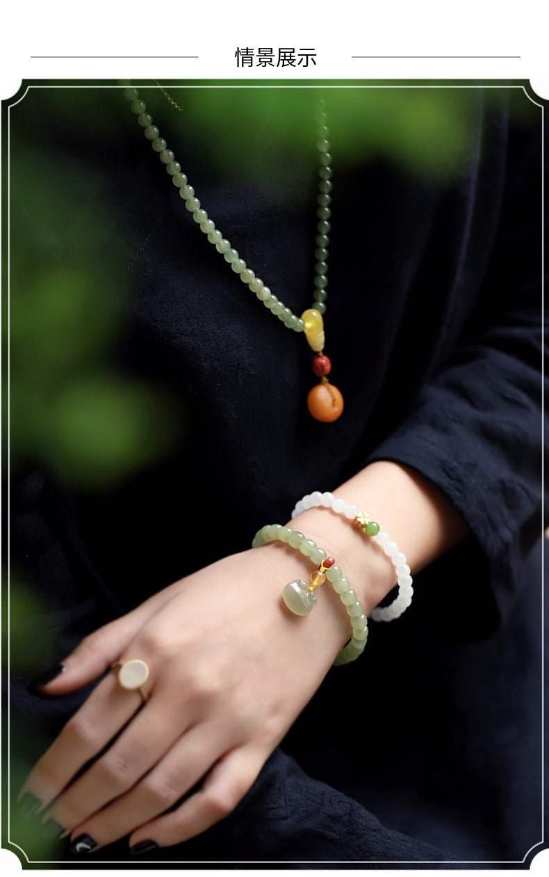Natural Hetian Jade 6x7mm Single Strand Bracelet with Ruyi Pendant - Simple and Elegant Jewelry for Women 🌿✨ - STAR8S