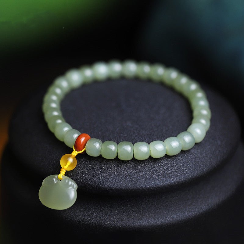 Natural Hetian Jade 6x7mm Single Strand Bracelet with Ruyi Pendant - Simple and Elegant Jewelry for Women 🌿✨ - STAR8S