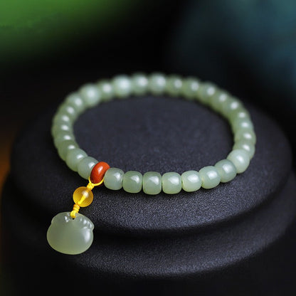 Natural Hetian Jade 6x7mm Single Strand Bracelet with Ruyi Pendant - Simple and Elegant Jewelry for Women 🌿✨ - STAR8S