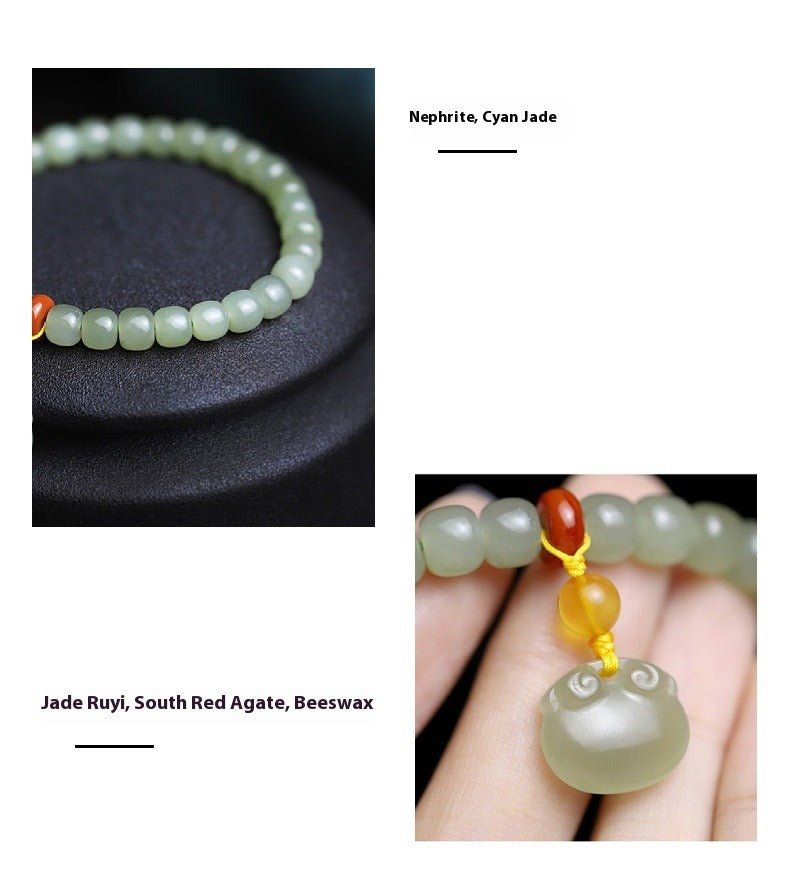 Natural Hetian Jade 6x7mm Single Strand Bracelet with Ruyi Pendant - Simple and Elegant Jewelry for Women 🌿✨ - STAR8S