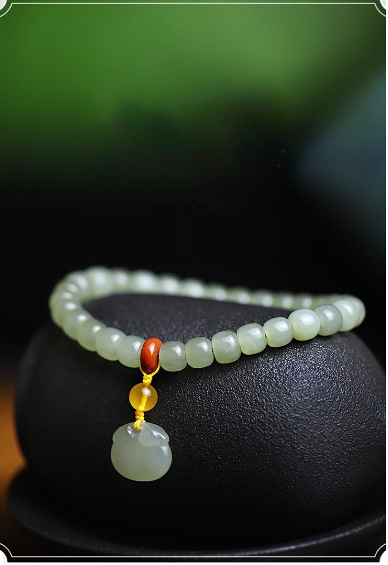 Natural Hetian Jade 6x7mm Single Strand Bracelet with Ruyi Pendant - Simple and Elegant Jewelry for Women 🌿✨ - STAR8S