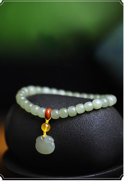 Natural Hetian Jade 6x7mm Single Strand Bracelet with Ruyi Pendant - Simple and Elegant Jewelry for Women 🌿✨ - STAR8S