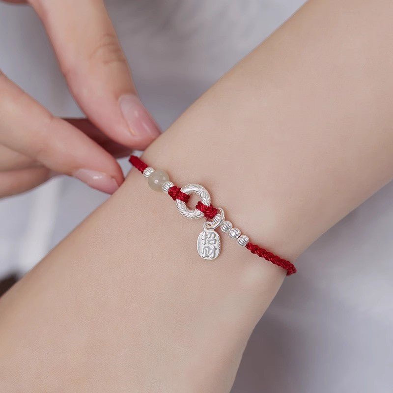 Natural Hetian Jade & 925 Silver Red String Bracelet with Peace Knot – Handmade, Couple Gift, Vintage Style - STAR8S