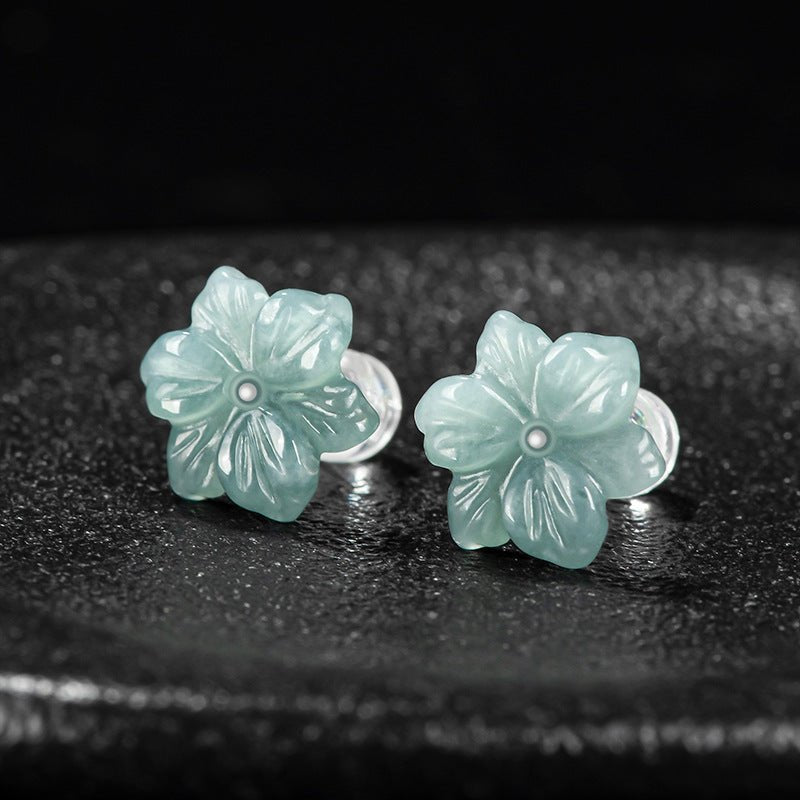 Natural Hetian Jade Blue Water Orchid Earrings – Ice Seed Jade Flower Petals with S925 Silver - STAR8S