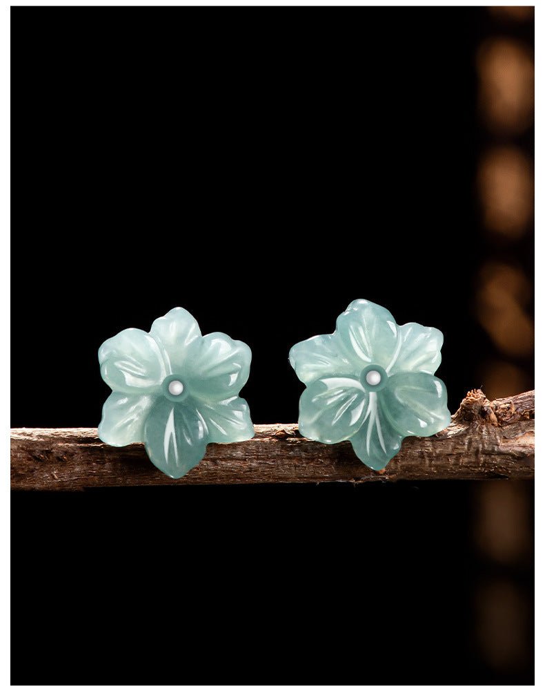 Natural Hetian Jade Blue Water Orchid Earrings – Ice Seed Jade Flower Petals with S925 Silver - STAR8S