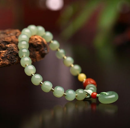 Natural Hetian Jade Bracelet with Honey Amber, 6mm Original Design - STAR8S