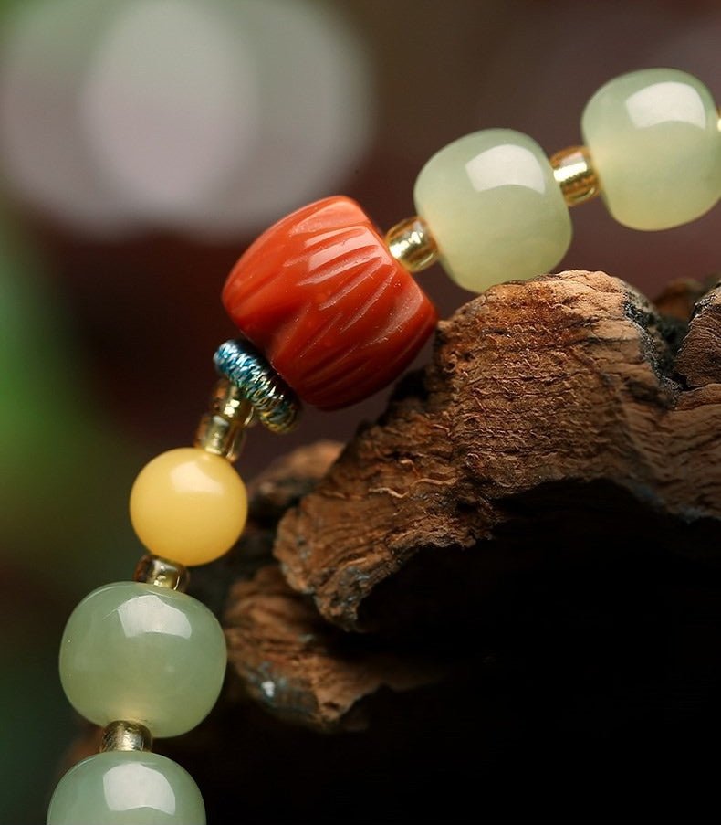 Natural Hetian Jade Bracelet with Honey Amber, 6mm Original Design - STAR8S