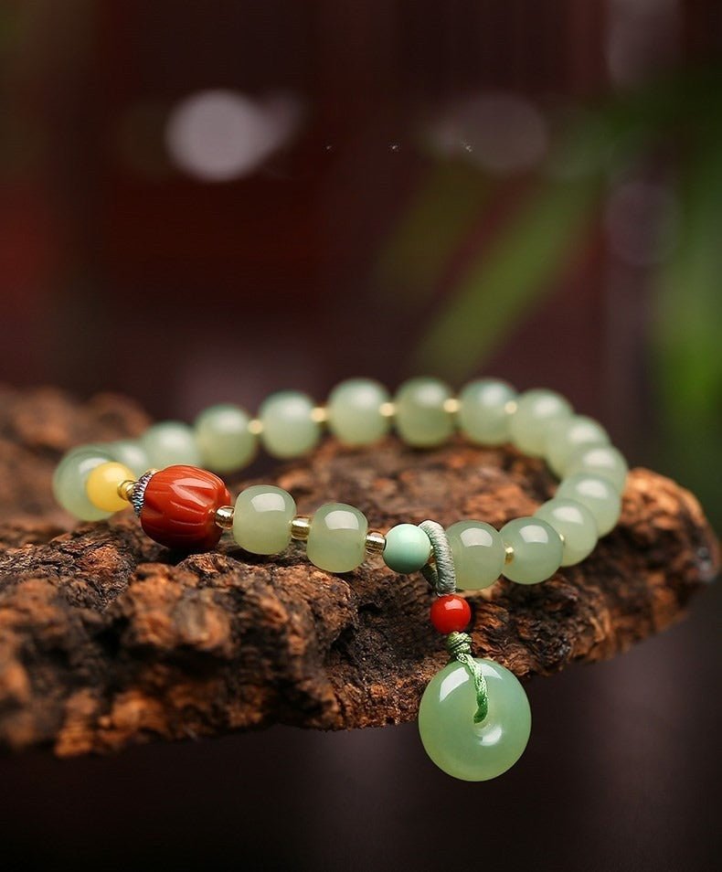 Natural Hetian Jade Bracelet with Honey Amber, 6mm Original Design - STAR8S