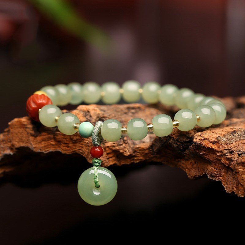 Natural Hetian Jade Bracelet with Honey Amber, 6mm Original Design - STAR8S