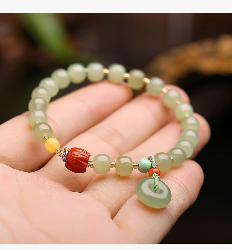 Natural Hetian Jade Bracelet with Honey Amber, 6mm Original Design - STAR8S
