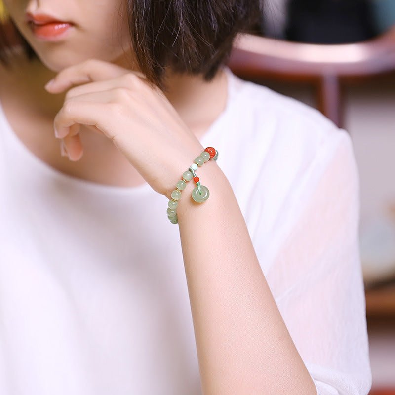Natural Hetian Jade Bracelet with Honey Amber, 6mm Original Design - STAR8S