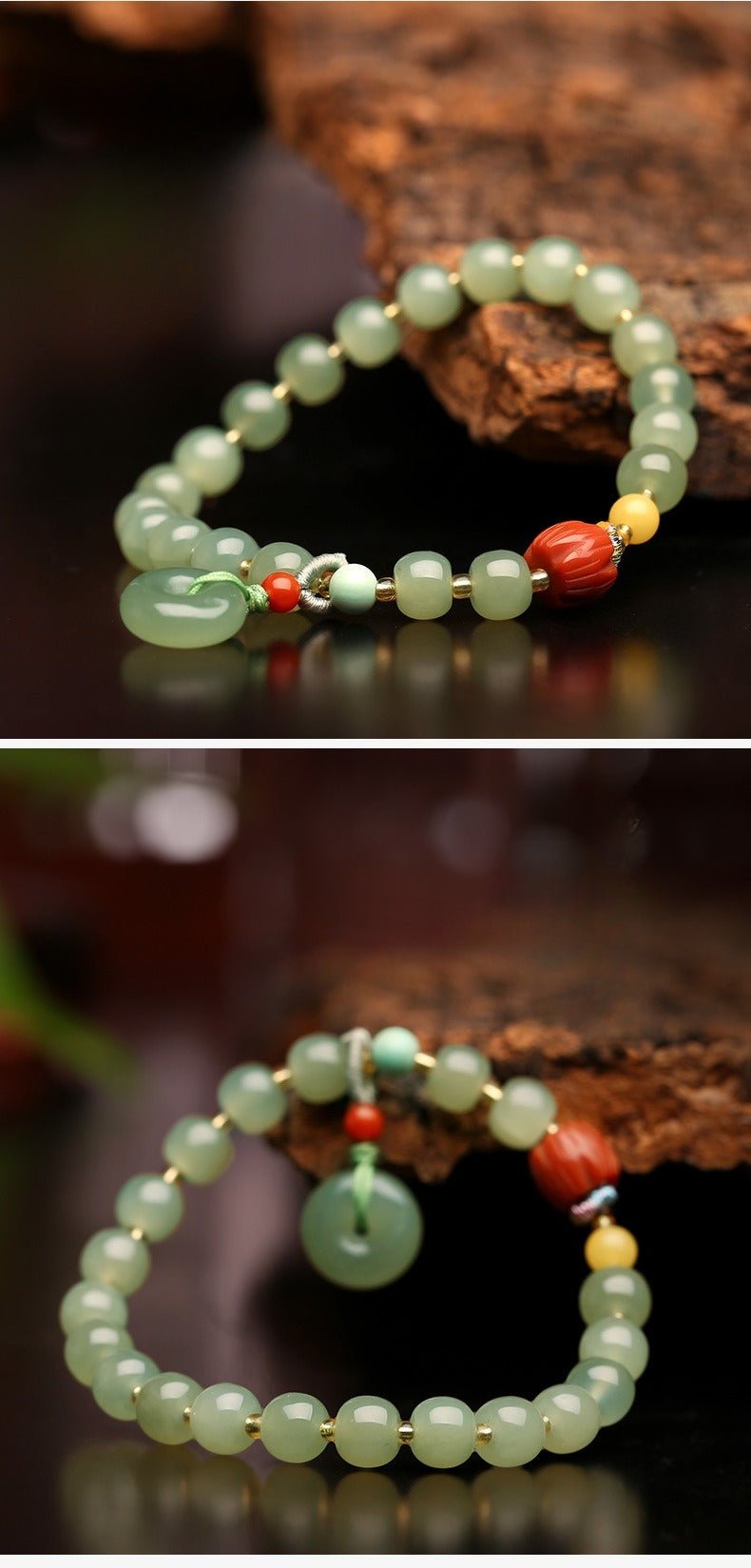 Natural Hetian Jade Bracelet with Honey Amber, 6mm Original Design - STAR8S