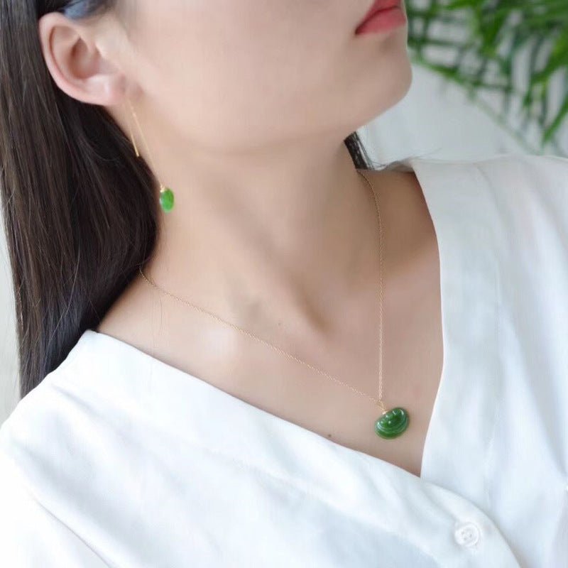 Natural Hetian Jade Earrings & Necklace Set – Cloud Design, 12mm, Simple & Versatile Jewelry Gift for Women - STAR8S