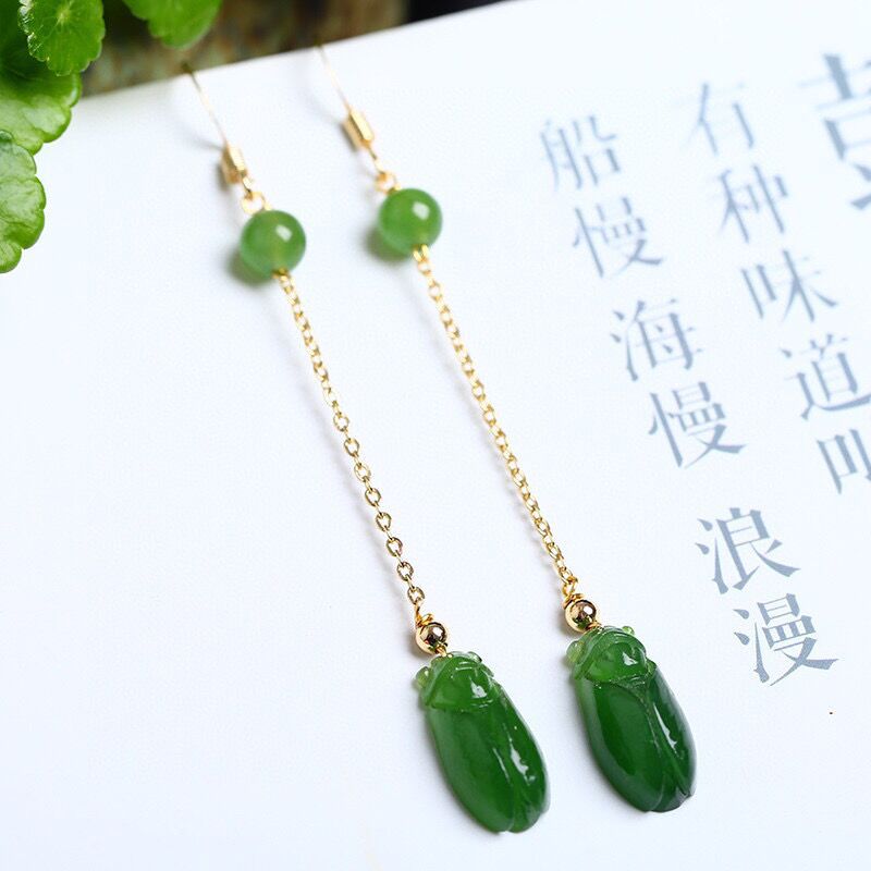 Natural Hetian Jade Golden Cicada Earrings | Original Design, Fashionable for Women - STAR8S