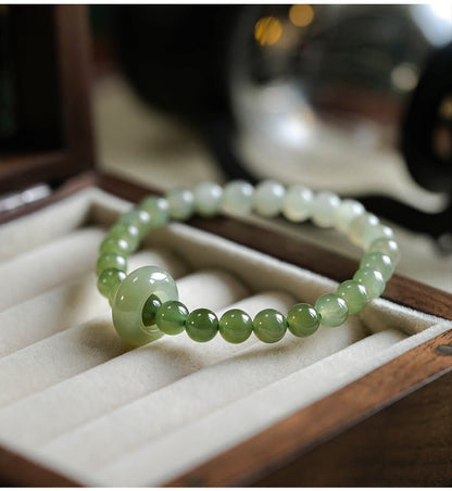 Natural Hetian Jade Gradient Qing Shui Lake Green Bracelet – Ping An Kou Design, Versatile Handmade Jewelry - STAR8S