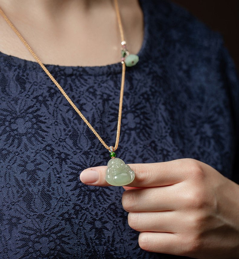 Natural Hetian Jade Maitreya Buddha Necklace Pendant – Handmade Jewelry for Women - STAR8S