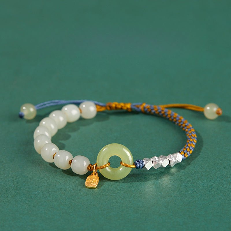 Natural Hetian Jade Peace Amulet Bracelet – String Braided with Silver Charm | Good Luck Gift for Women - STAR8S