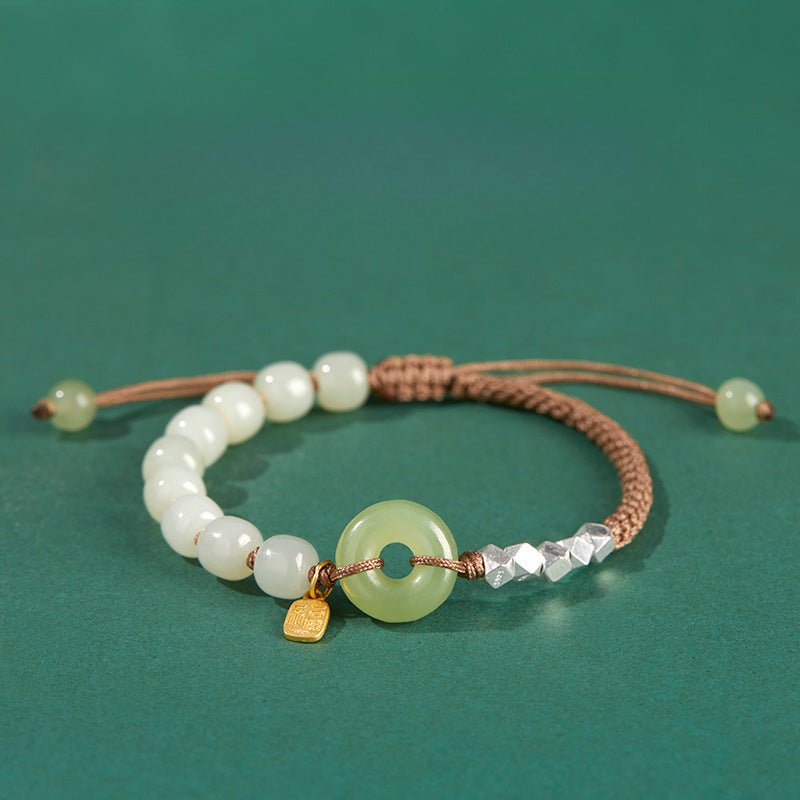 natural hetian jade peace amulet bracelet – string braided with silver charm | good luck gift for women - star8s