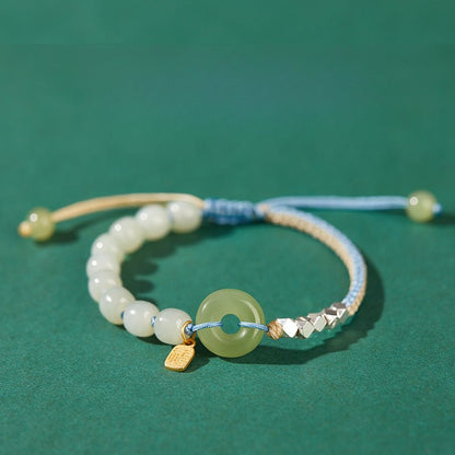 Natural Hetian Jade Peace Amulet Bracelet – String Braided with Silver Charm | Good Luck Gift for Women - STAR8S