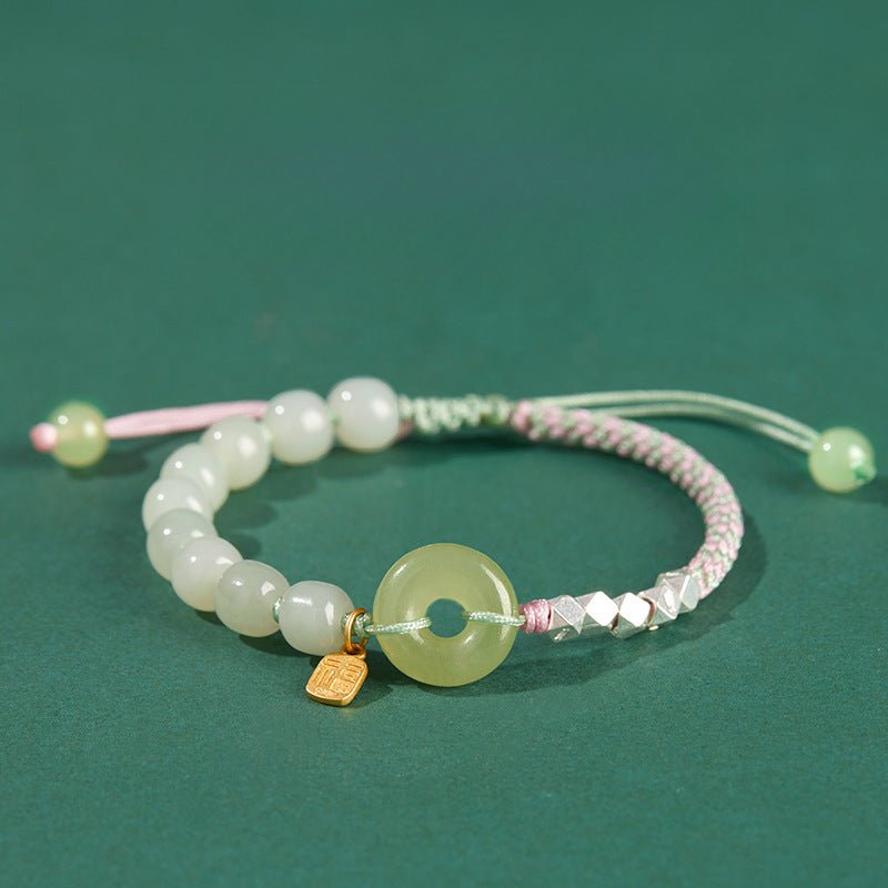 natural hetian jade peace amulet bracelet – string braided with silver charm | good luck gift for women - star8s