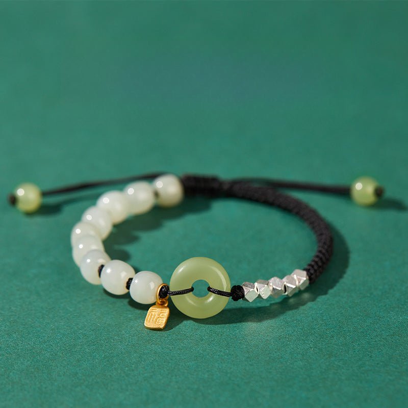 natural hetian jade peace amulet bracelet – string braided with silver charm | good luck gift for women - star8s