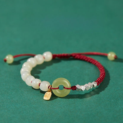 Natural Hetian Jade Peace Amulet Bracelet – String Braided with Silver Charm | Good Luck Gift for Women - STAR8S