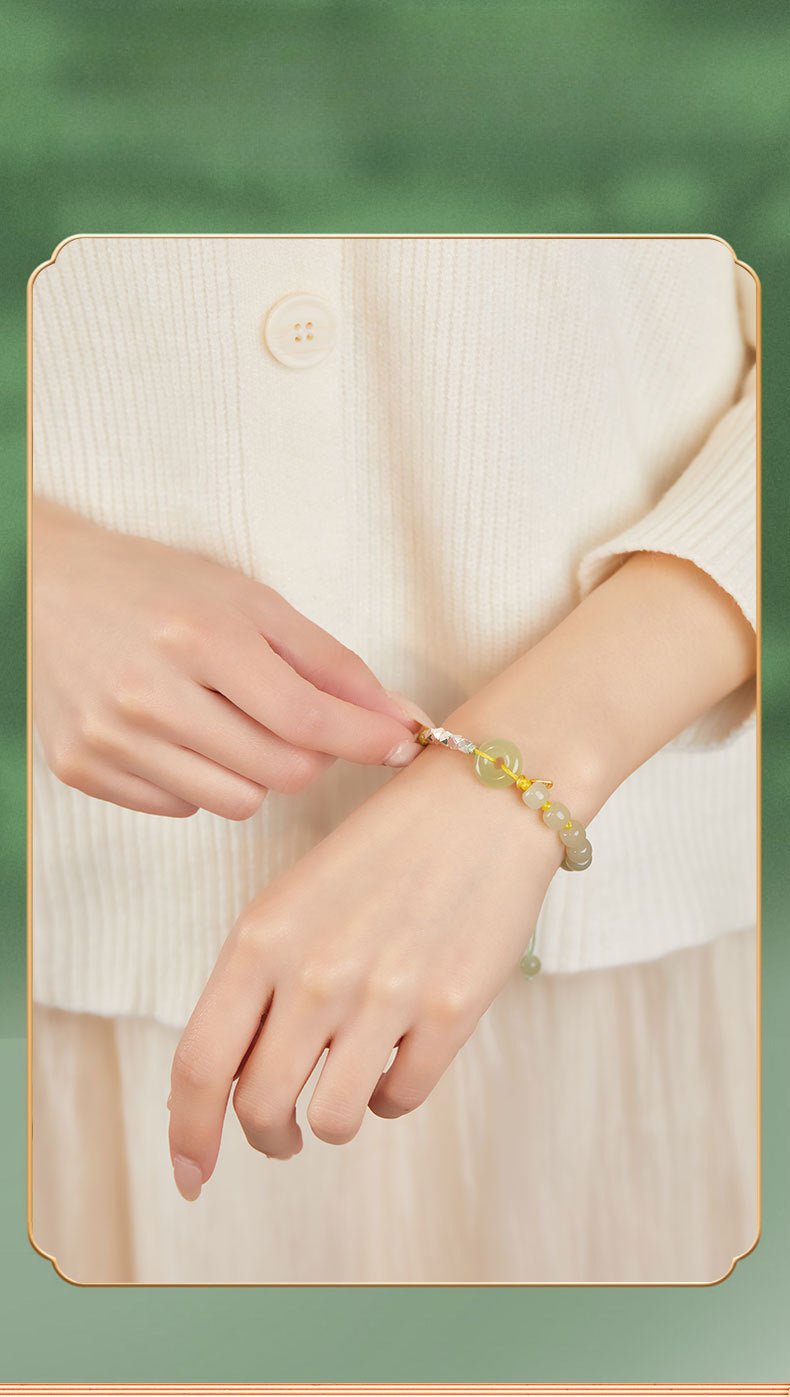 natural hetian jade peace amulet bracelet – string braided with silver charm | good luck gift for women - star8s