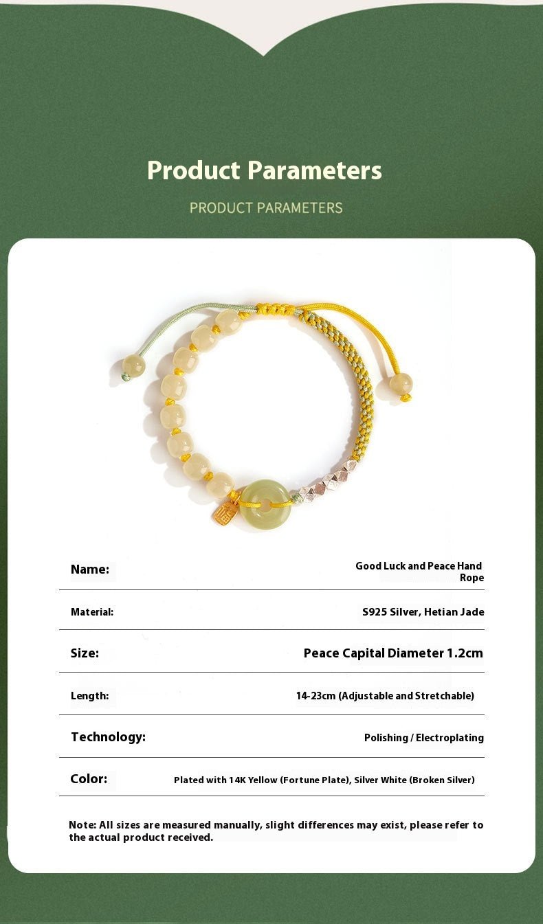 Natural Hetian Jade Peace Amulet Bracelet – String Braided with Silver Charm | Good Luck Gift for Women - STAR8S