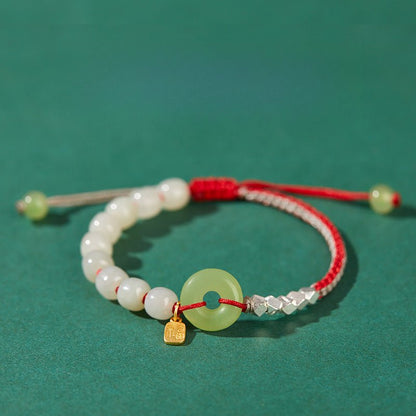 Natural Hetian Jade Peace Amulet Bracelet – String Braided with Silver Charm | Good Luck Gift for Women - STAR8S