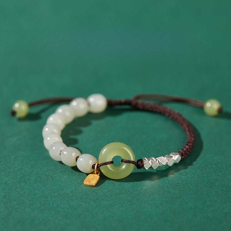 Natural Hetian Jade Peace Amulet Bracelet – String Braided with Silver Charm | Good Luck Gift for Women - STAR8S